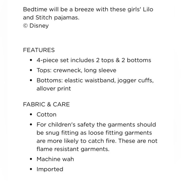 Disney Girls Lilo and Stitch Pajamas Set 4 Pc Set Long Sleeve & Pants Size 6 New - Picture 2 of 7